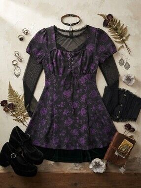 Hot Topic Cosmic Aura Black Purple Floral Whimsigoth Cottagecore Milkmaid Dress